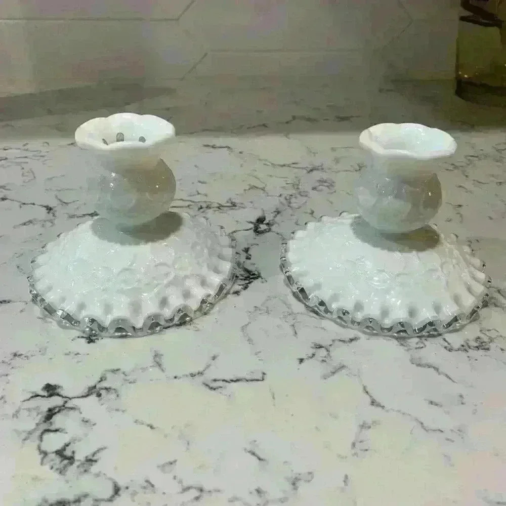 Fenton Silver Crest Candle Holders Spanish Lace Candlesticks Pair Art Glass VTG